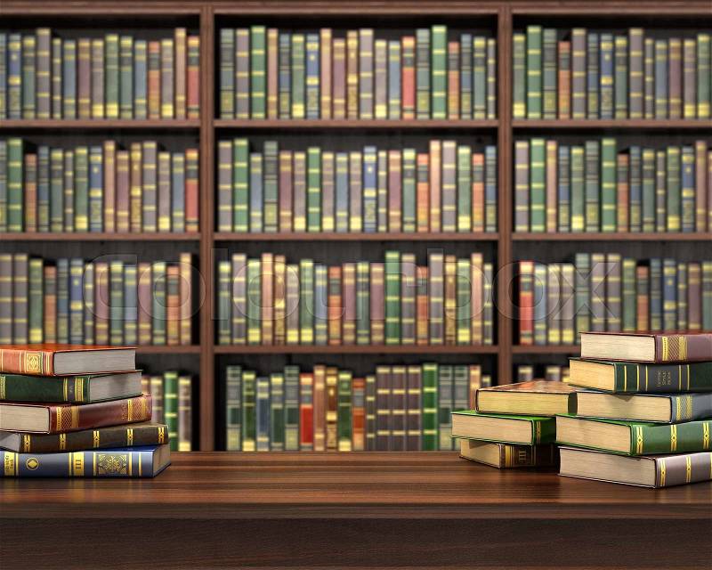 Books on the table in the focus on the blurred background bookshelf full of books. Concept of library, stock photo