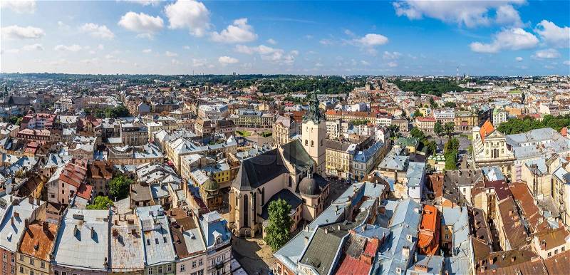 Lviv panoramic bird\'s-eye view of from of the city centre in Ukraine in a summer day, stock photo