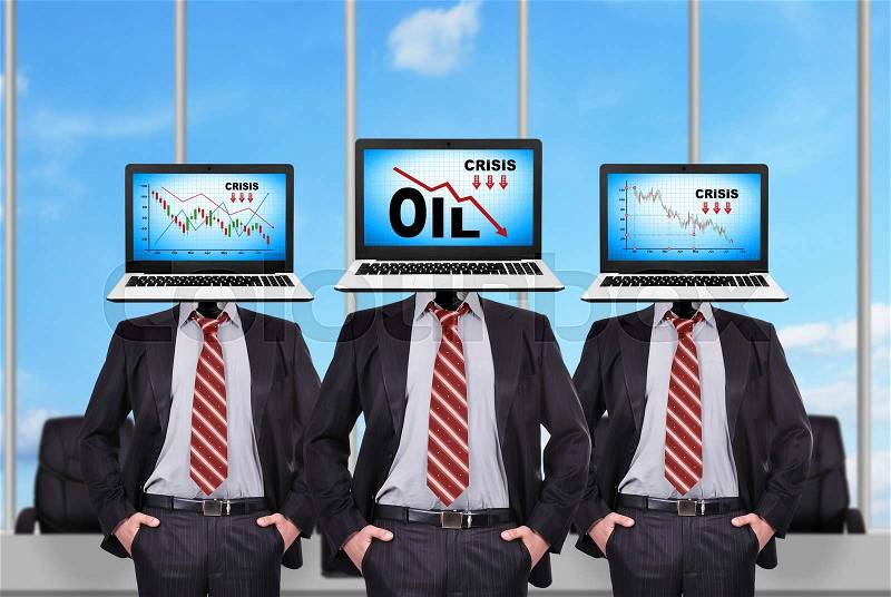 Three businessman with a laptop instead of a head. Oil crisis chart on screen, stock photo
