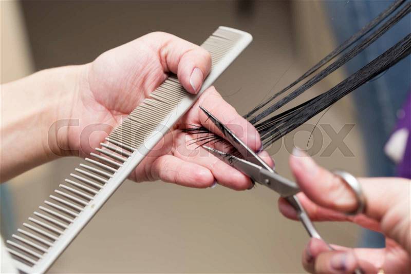Female hair cutting scissors in a beauty salon, stock photo