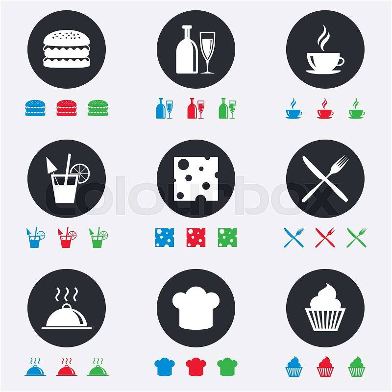 Food, drink icons. Coffee and hamburger signs. Cocktail, cheese and cupcake symbols. Flat circle buttons with icons, vector