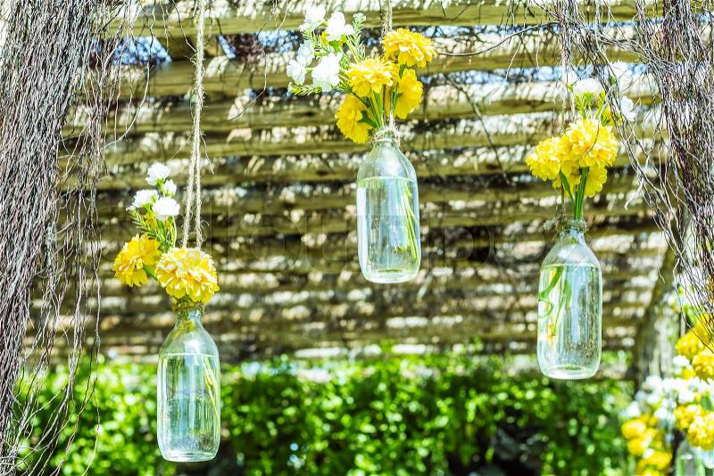 Flowers in bottles and hangers inside the park, stock photo