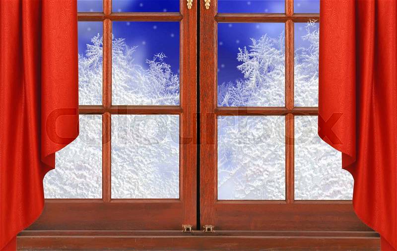 Window with frost and night snow nature background, stock photo