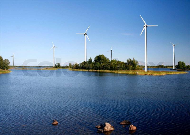 On-shore wind power farm, stock photo