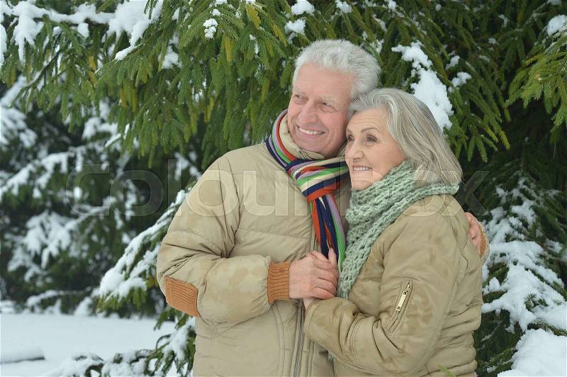 Portrait of a happy senior couple at winter outdoors, stock photo