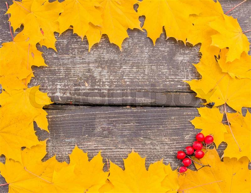 Autumn background/ Autumn leaves and berry as a heart over wooden background/Thanksgiving day concept, stock photo