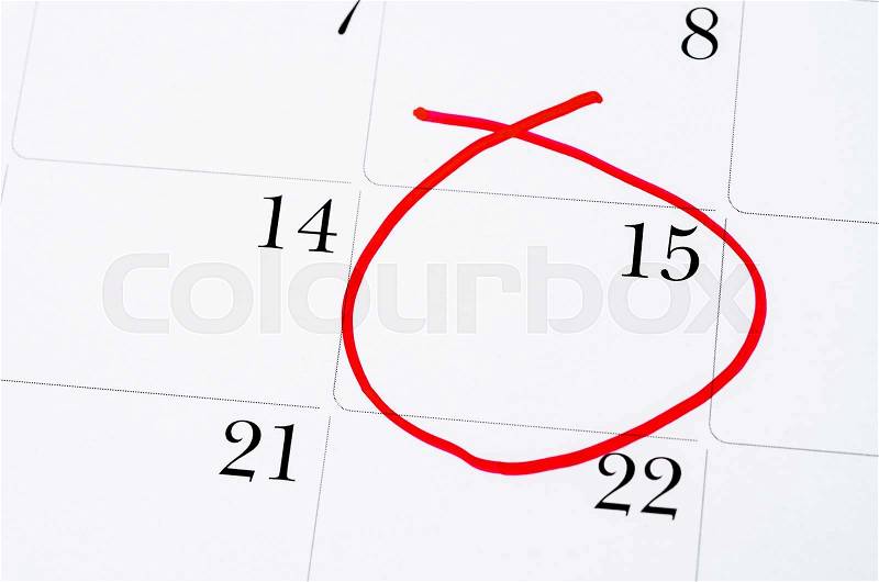 Red circle. Mark on the calendar at 15th for your text, stock photo