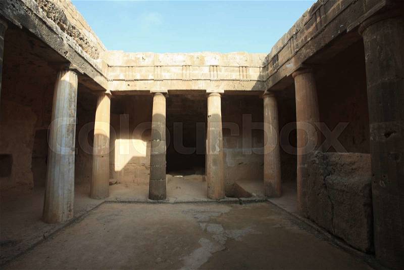 Stately columns in the ancient tombs of the Kings in Paphos, Cyprus , stock photo