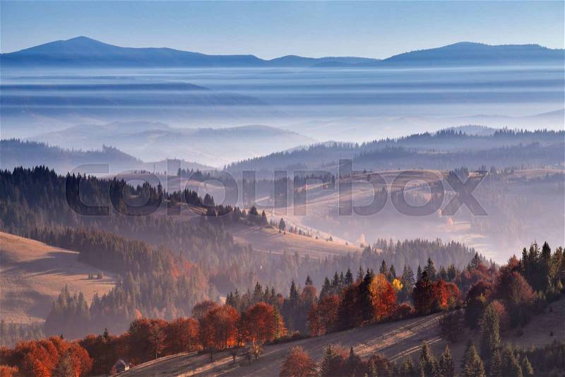 Morning mist in mountains. Sunrise and autumn mist over the hills. Ukraine Carpathians, stock photo
