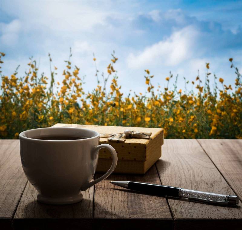 Coffee, pen and gift box on wooden table in the garden under sunlight, stock photo