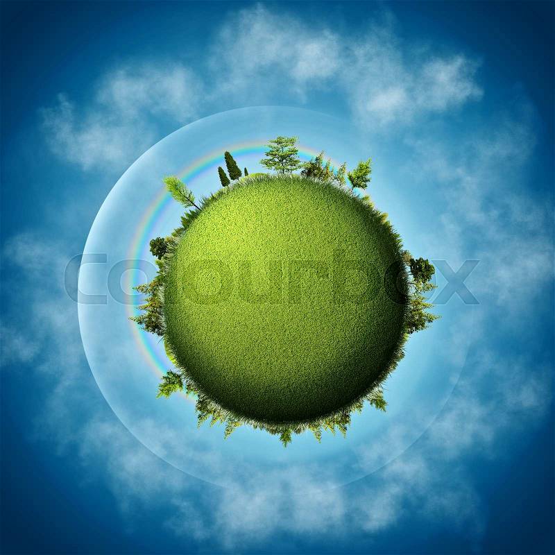 Green Earth. Abstract eco backgrounds over blue skies and clouds, stock photo