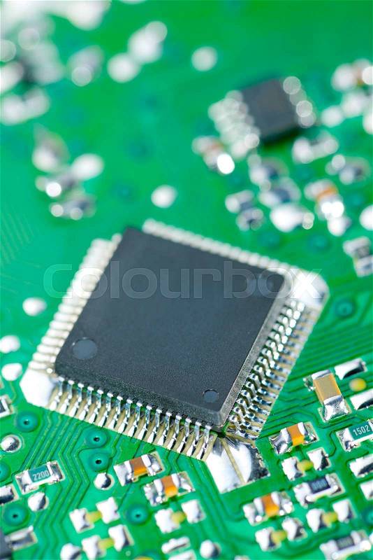 Closeup of a chip in an integrated circuit, stock photo