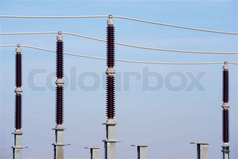 Closeup of an electrical substation elements, Zaragoza province, Aragon, Spain, stock photo