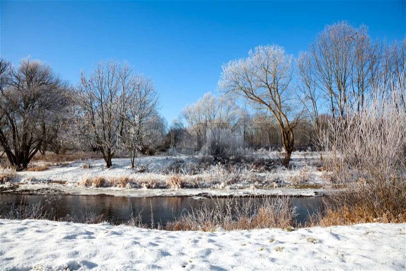 Winter landscape of snow-covered trees and river in winter season, Germany, stock photo