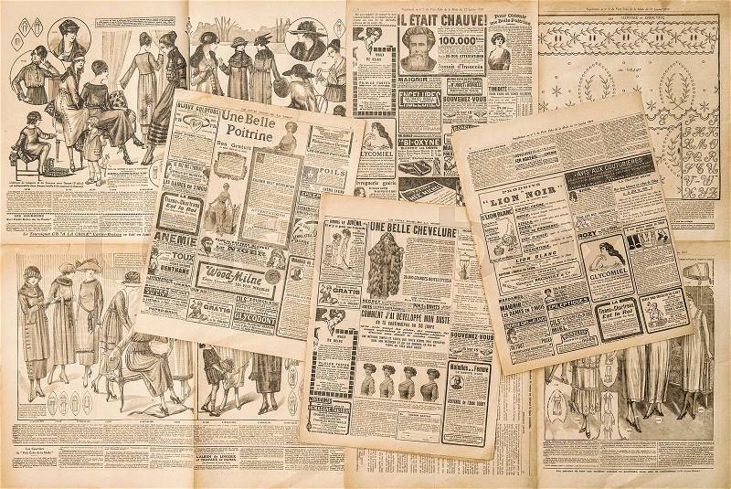 Newspaper pages with antique advertising. Fashion magazine for woman, stock photo
