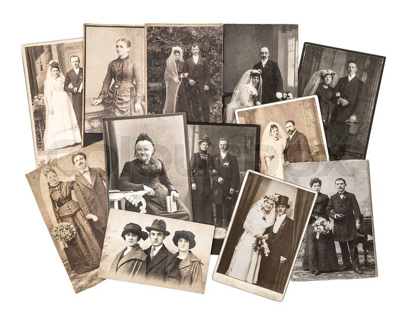 Vintage family and wedding photos. Nostalgic sentimental pictures on white background, stock photo