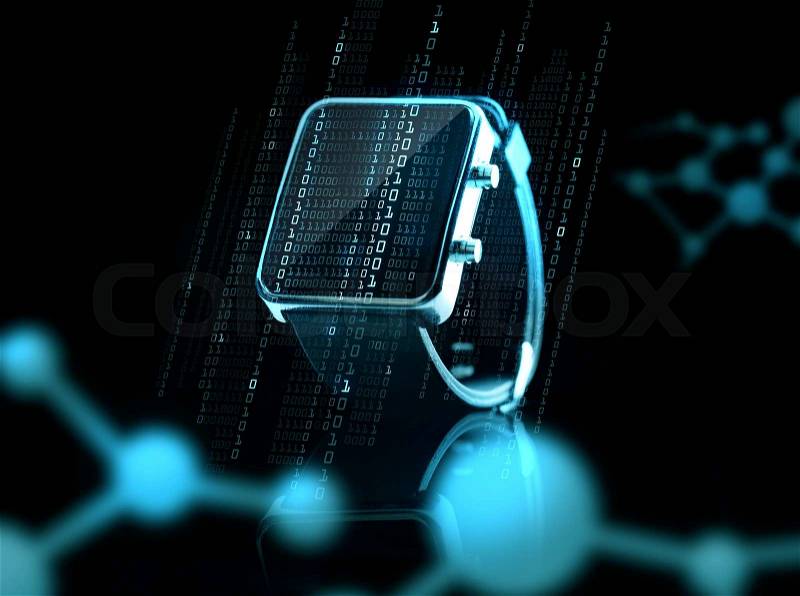 Modern technology, science and object concept - close up of black smart watch over binary code and molecules, stock photo