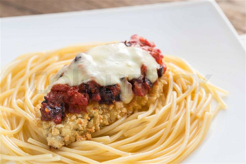 Baked chicken with parmesan and mozzarella, stock photo