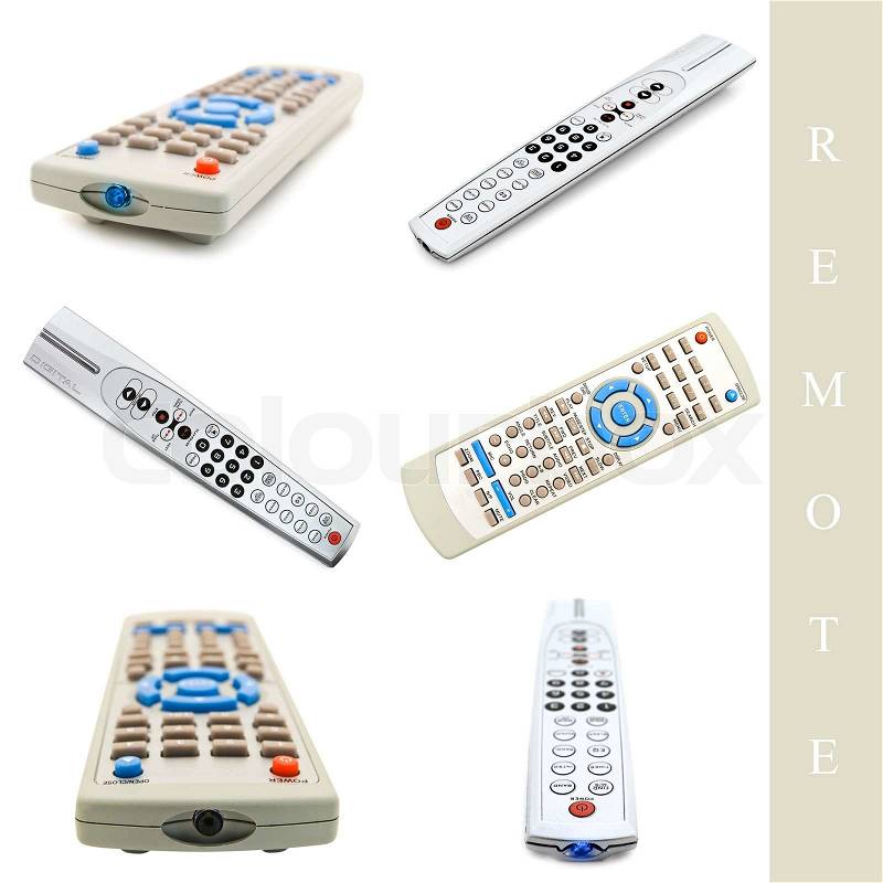 Set of different remote controls over white background, stock photo