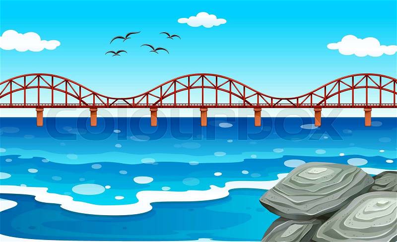 Ocean view with the bridge illustration, vector