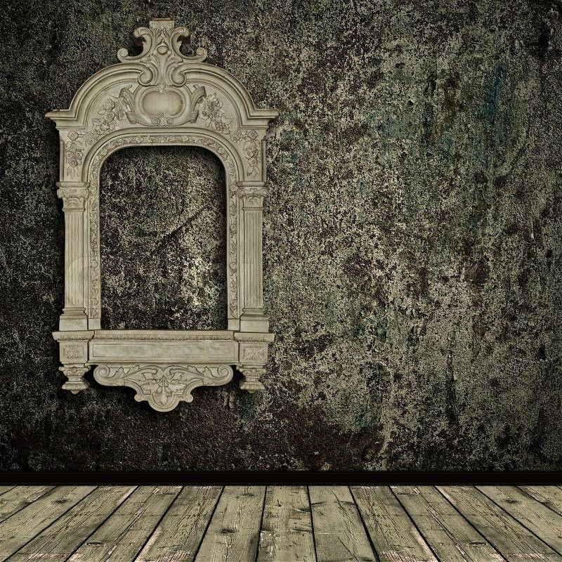 Photo of abstract grunge shabby interior with old vintage frame, stock photo
