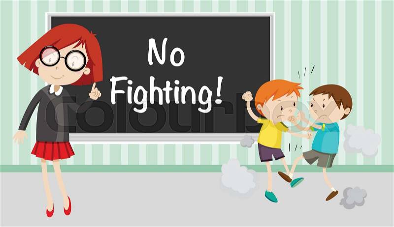 Boy fighting in front of no fighting sign illustration, vector