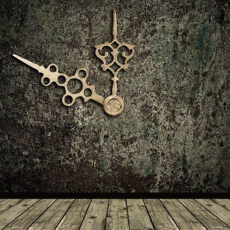 Photo of abstract grunge shabby interior with golden clock hands, stock photo