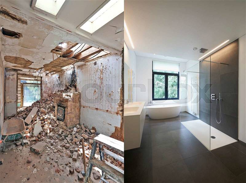 Renovation of a bathroom Before and after in horizontal format, stock photo