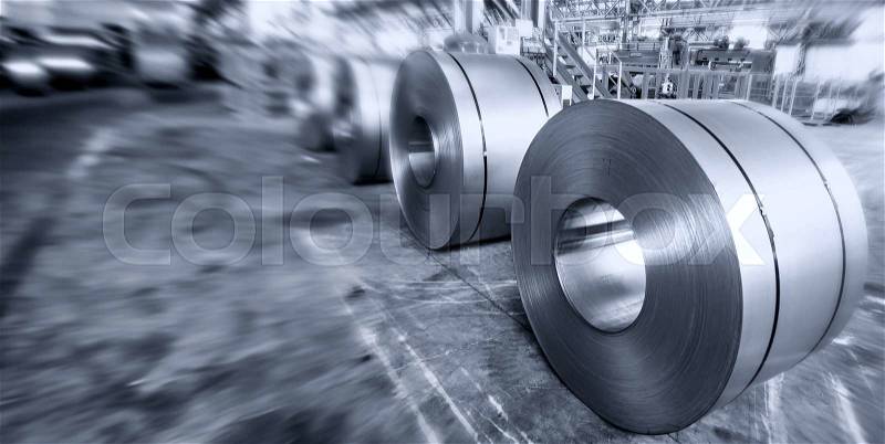 Warehouse of steel coils, stock photo