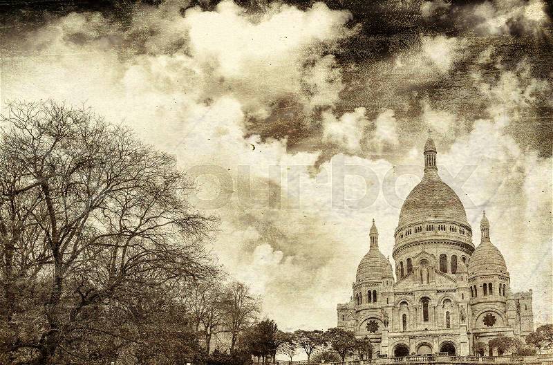 Vintage view of Sacre Coeur. Sacred heart Cathedral in Paris, stock photo