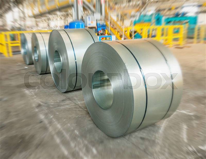 Packed rolls of steel sheet, Cold rolled steel coils, stock photo