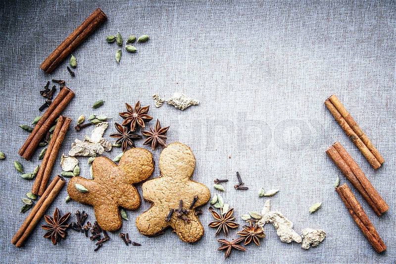 Biscuit star anise Cardamom nutmeg cinnamon ginger clove spice canvas, stock photo