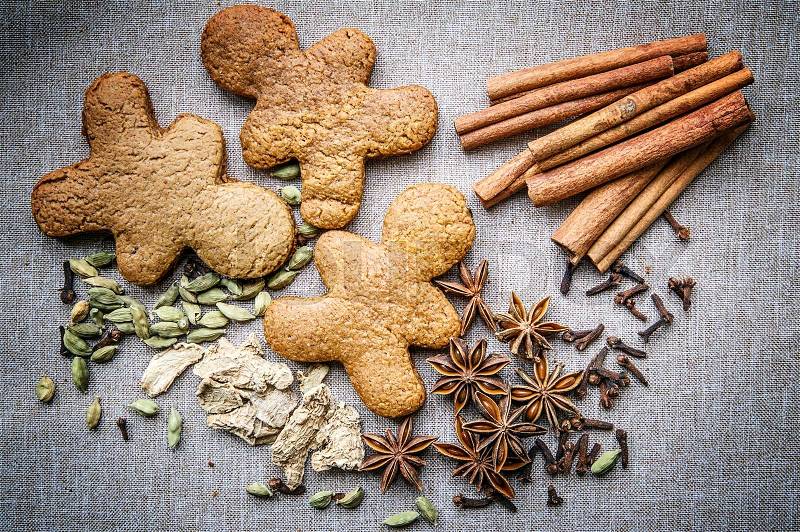 Biscuit star anise Cardamom nutmeg cinnamon ginger clove spice canvas, stock photo
