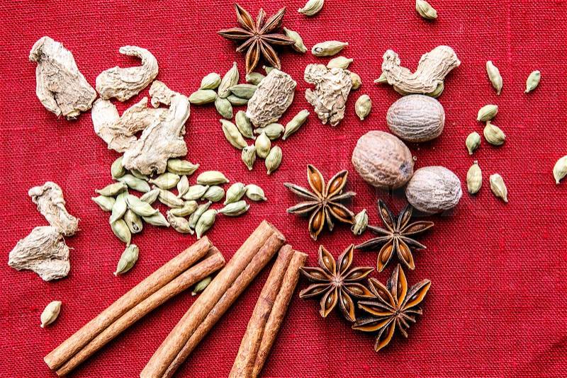 Star anise, nutmeg, cardamom, cinnamon, ginger, cloves canvas, stock photo