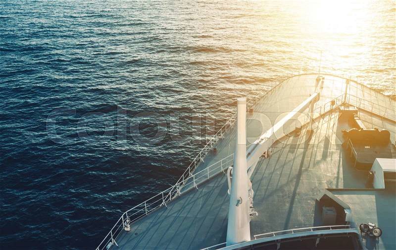 Port Bow Forward Cruise Ship on the Ocean Crossing During Sunset. Closeup Photo. Cruise Liner, stock photo