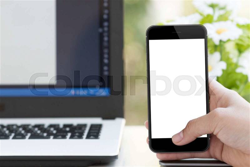 Mockup phone in woman hand on desk, stock photo