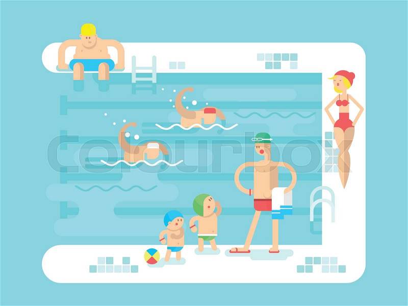Public swimming pool. Water sport, resort swim, vacation and relaxation, vector illustration, vector