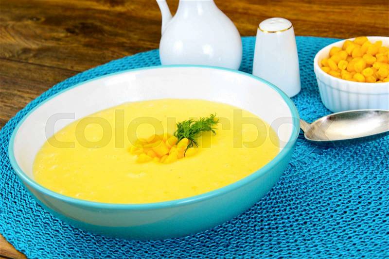 Soup of Mashed Potato with Corn Studio Photo, stock photo