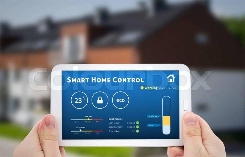 Intelligence home control technology. Remote automation system on mobile device. Eco and security solution, stock photo