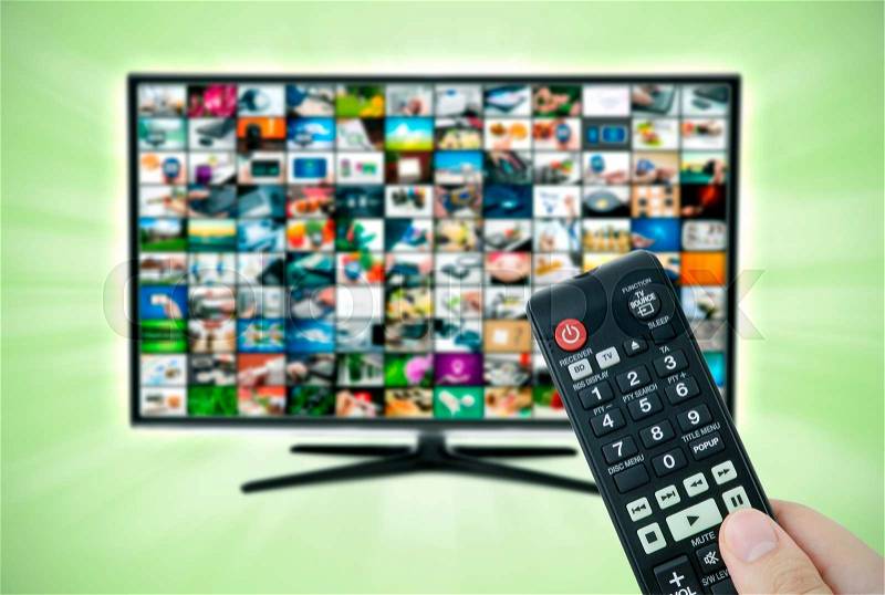 Widescreen high definition TV screen with video gallery. Remote control in hand, stock photo