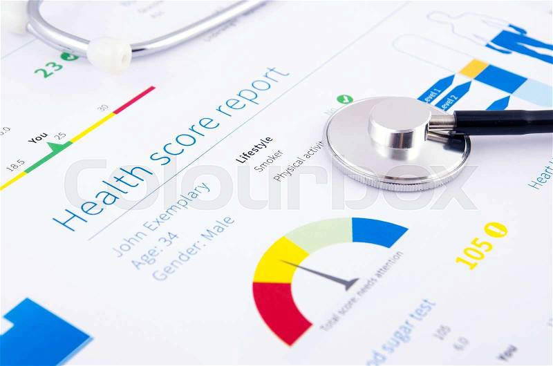 Health condition score report. Stethoscope on medical background, stock photo