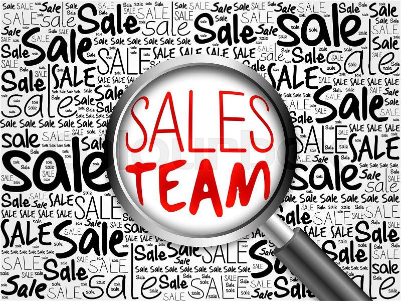 Sales Team sale word cloud with magnifying glass, business concept, stock photo
