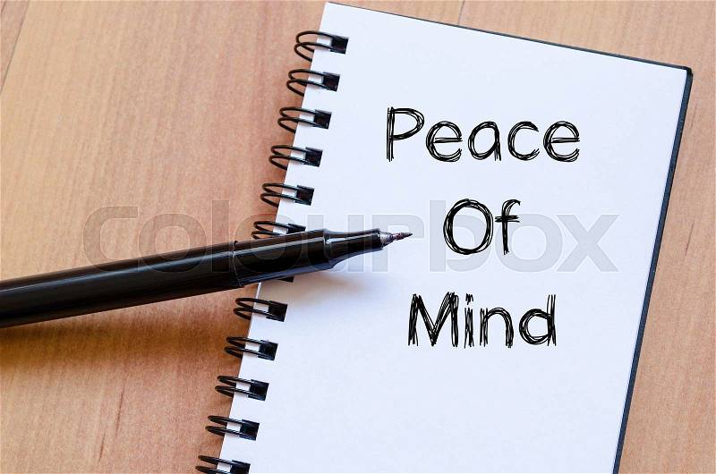 Peace of mind text concept write on notebook with pen, stock photo