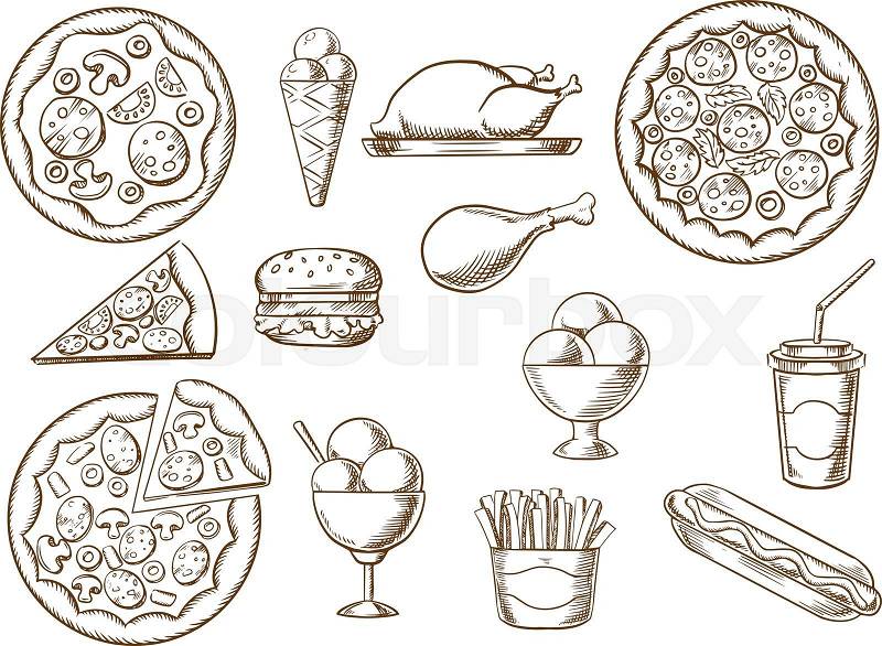 Fast food menu sketches of pizza with different toppings, french fries box, hamburger and hot dog, fried chicken, ice cream cone and sundae desserts, soda paper cap. Vector takeaway food sketches set, vector