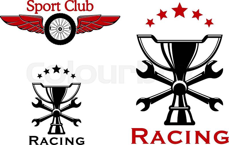 Winged wheel of race car and trophy cup with crossed spanners and stars on the background. Racing sports and or motorsport icons or symbols, vector