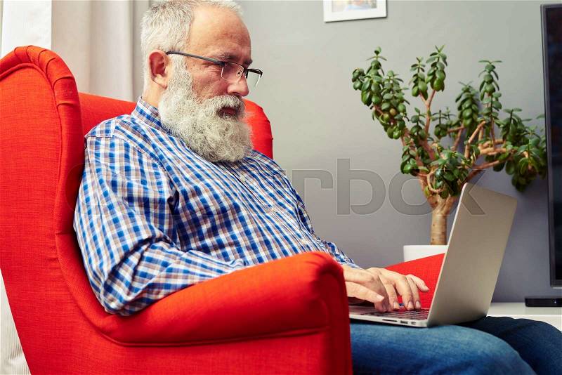 Bearded senior man sitting on the chair and working with laptop at home, stock photo