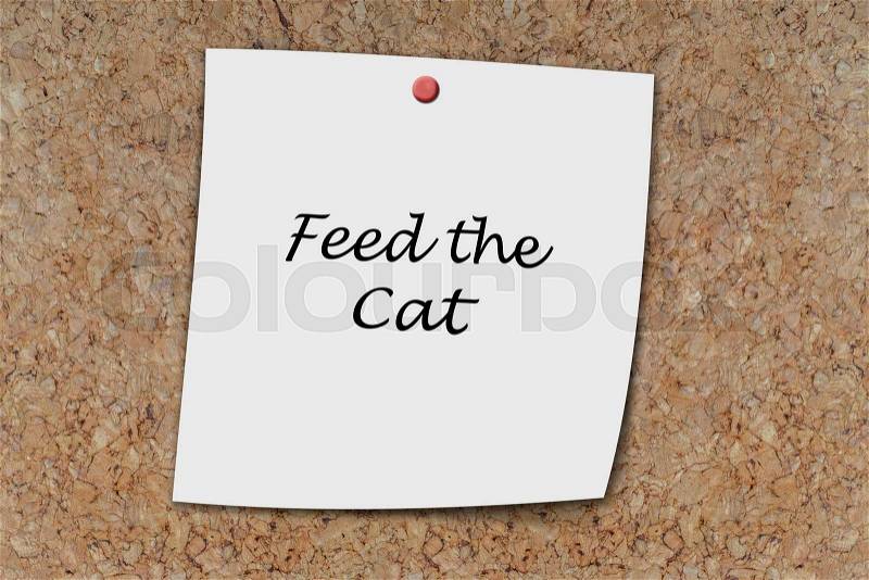 Feed the cat written on a memo pinned on a cork board, stock photo