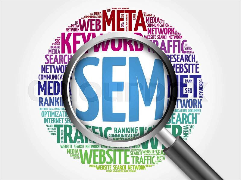 SEM - Search Engine Marketing word cloud with magnifying glass, business concept, stock photo