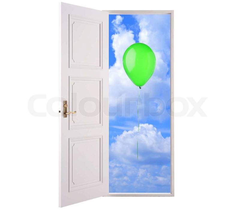 Open door in blue sky and green air balloon, stock photo