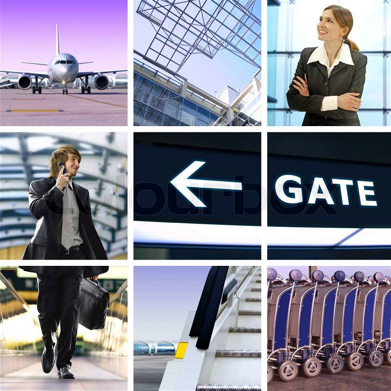Collage of business trip by means of avia transport, stock photo